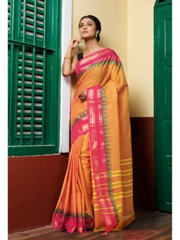 Unnati Silks - Orange Pure Pavani Handcrafted Kanchi Cotton Saree Without Blouse