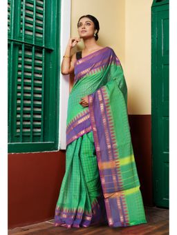 Unnati Silks - Parrot Green Pure Pavani Handcrafted Kanchi Cotton Saree Without Blouse
