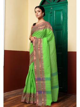 Unnati Silks - Parrot Green Pure Pavani Handcrafted Kanchi Cotton Saree Without Blouse