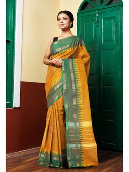 Unnati Silks - Mustard Yellow Pure Pavani Handcrafted Kanchi Cotton Saree Without Blouse