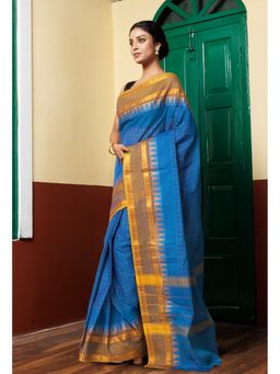 Unnati Silks - Peacock Blue Pure Pavani Handcrafted Kanchi Cotton Saree Without Blouse