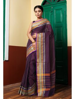 Unnati Silks - Dark Purple Pure Pavani Handcrafted Kanchi Cotton Saree Without Blouse