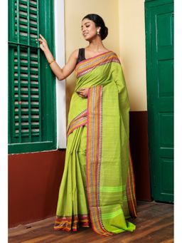 Unnati Silks - Parrot Green Pure Pavani Handcrafted Kanchi Cotton Saree Without Blouse