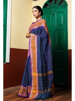 Unnati Silks - Peacock Blue Pure Pavani Handcrafted Kanchi Cotton Saree Without Blouse