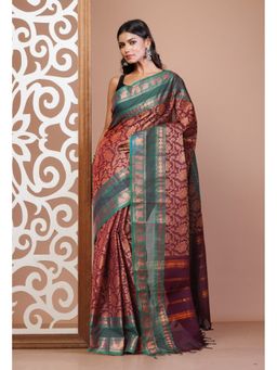 Unnati Silks - Red Pure Pavani Handcrafted Jacquard Chettinad Cotton Saree Without Blouse
