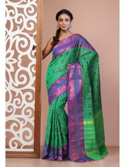 Unnati Silks - Green Pure Pavani Handcrafted Jacquard Printed Cotton Saree Without Blouse