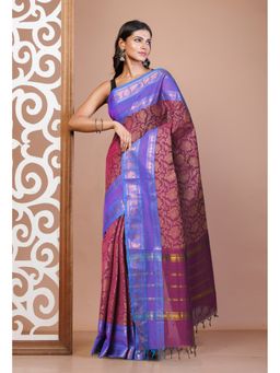 Unnati Silks - Red Pure Pavani Handcrafted Jacquard Chettinad Cotton Saree Without Blouse