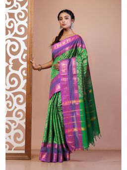 Unnati Silks - Green Pure Pavani Handcrafted Jacquard Chettinad Cotton Saree Without Blouse