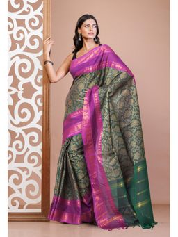 Unnati Silks - Green Pure Pavani Handcrafted Jacquard Chettinad Cotton Saree Without Blouse