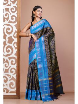 Unnati Silks - Navy Blue Pure Pavani Handcrafted Jacquard Chettinad Cotton Saree Without Blouse
