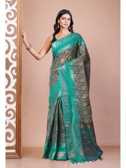 Unnati Silks - Green Pure Pavani Handcrafted Jacquard Chettinad Cotton Saree Without Blouse