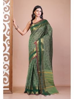 Unnati Silks - Green Pure Pavani Handcrafted Jacquard Chettinad Cotton Saree without Blouse