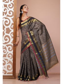 Unnati Silks - Brown Pure Pavani Handcrafted Jacquard Chettinad Cotton Saree without Blouse