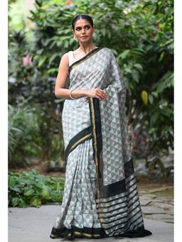 Unnati Silks - Grey and Black Pure Designer Printed Chanderi Sico Saree with Unstitched Blouse