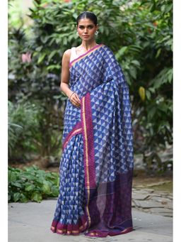 Unnati Silks - Navy Blue and Purple Pure Designer Printed Chanderi Sico Saree with Unstitched Blouse