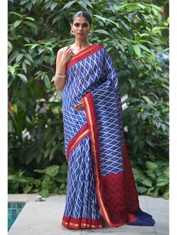 Unnati Silks - Navy Blue and Red Pure Designer Printed Chanderi Sico Saree with Unstitched Blouse