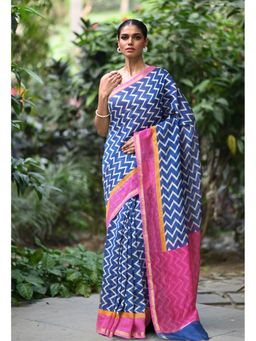 Unnati Silks - Navy Blue and Pink Pure Designer Printed Chanderi Sico Saree with Unstitched Blouse