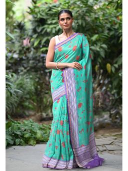 Unnati Silks - Turquoise Blue Pure Designer Printed Chanderi Sico Saree with Unstitched Blouse