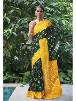 Unnati Silks - Green Pure Bandhani Tie and Dye Soft Mulmul Cotton Saree without Blouse
