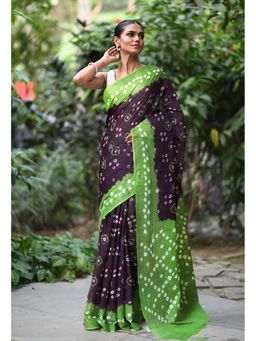 Unnati Silks - Dark Brown Pure Bandhani Tie and Dye Soft Mulmul Cotton Saree without Blouse