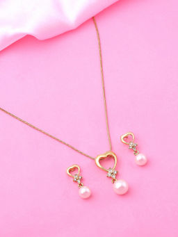 Estele - Gold Plated Heart Designer Necklace with Pearl & Crystals for Women (Set of 2)