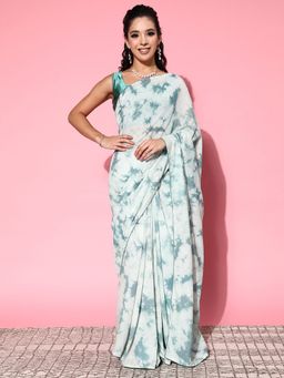 Sareemall - Womens Silk Blend Teal Green Embellished Celebrity Saree with Unstitched Blouse