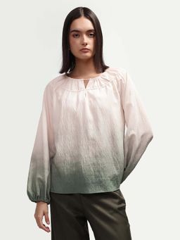 RAREISM - Olive Viscose Blend Ombre Balloon Sleeve Keyhole Neck Top
