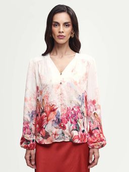 RAREISM - Multi-Color Viscose Blend Floral Balloon Sleeve V-Neck Top