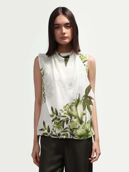 RAREISM - Off White Viscose Blend Floral Sleeveless High Neck Top