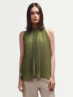 RAREISM - Olive Polyester Polka Dots Sleeveless Halter Neck Top