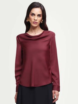 RAREISM - Red Polyester Solid Full Sleeves Cowl Neck Top