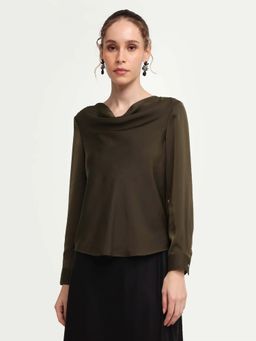 RAREISM - Olive Polyester Solid Full Sleeves Cowl Neck Top