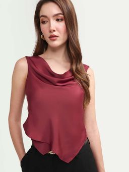 RAREISM - Red Polyester Solid Sleeveless Cowl Neck Top