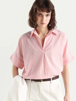 RAREISM - Pink Cotton Textured Half Sleeves Collar Neck Top