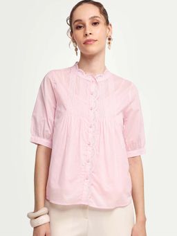 RAREISM - Pink Cotton Self Design Half Sleeves Ruffled Neck Top