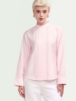 RAREISM - Pink Viscose Blend Self Design Full Sleeves High Neck Top