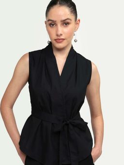 RAREISM - Black Viscose Blend Solid Sleeveless V-Neck Top