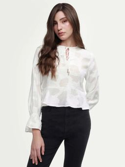 RAREISM - Off White Viscose Blend Self Design Full Sleeves Crew Neck Top