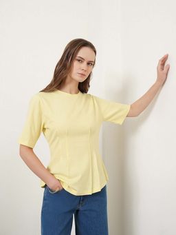 FABLE STREET - Yellow Cotton Half Sleeves Round Neck Solid Top