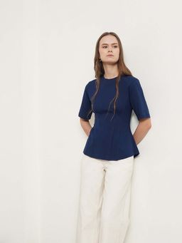 FABLE STREET - Navy Blue Cotton Half Sleeves Round Neck Solid Top