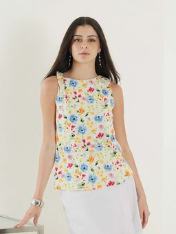 FABLE STREET - Multi-Color Knitted Sleeveless Boat Neck Floral Top