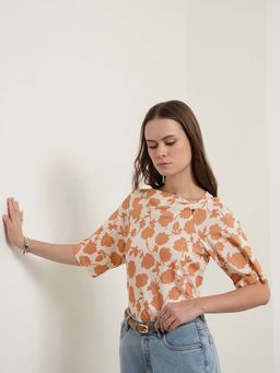 FABLE STREET - Off White Cotton Half Sleeves Round Neck Floral Top