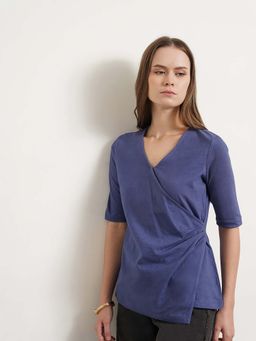 FABLE STREET - Blue Cotton Half Sleeves V-Neck Solid Top