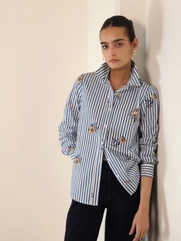 FABLE STREET - Blue Cotton Relaxed Fit Stripes Full Sleeves Shirt