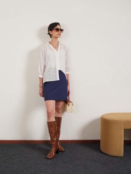FABLE STREET - White Schiffli Regular Fit Self Design Three Fourth Sleeves Shirt