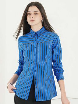 FABLE STREET - Blue Cotton Slim Fit Stripes Full Sleeves Shirt