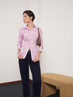 FABLE STREET - Lavender Cotton Slim Fit Floral Full Sleeves Shirt