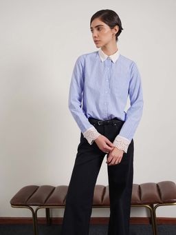 FABLE STREET - Blue Polycotton Regular Fit Stripes Full Sleeves Shirt
