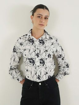 FABLE STREET - White Cotton Regular Fit Floral Full Sleeves Shirt