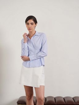 FABLE STREET - Blue Polycotton Slim Fit Stripes Full Sleeves Shirt